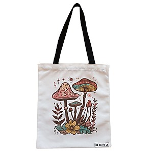 Geanta Canvas Tote pentru femei Colorful Mushrooms 4, 38x34.5 cm, Alba, BEKZ®