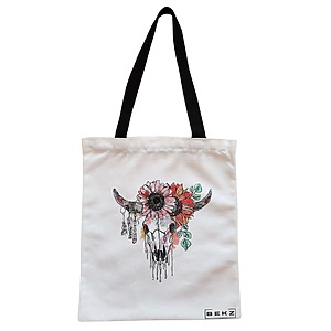 Geanta Canvas Tote pentru femei, Cu Design Floral, 38x34.5 cm, Alba, BEKZ®