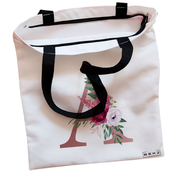 Geanta Canvas Tote pentru femei, Cu litera A Rose Gold si Trandafiri, 38x34.5 cm, Alba, BEKZ® 2 Geanta Canvas Tote pentru femei Cu litera A Rose Gold si Trandafiri 38x34.5 cm Alba BEKZ® 1