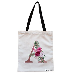 Geanta Canvas Tote pentru femei, Cu litera A Rose Gold si Trandafiri, 38x34.5 cm, Alba, BEKZ®