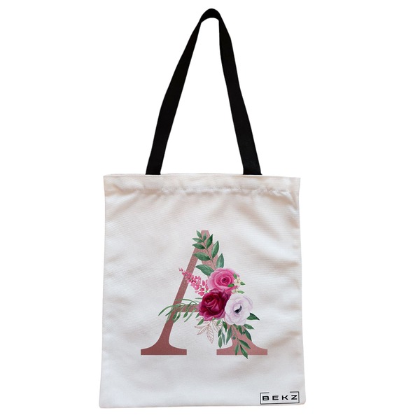 Geanta Canvas Tote pentru femei, Cu litera A Rose Gold si Trandafiri, 38x34.5 cm, Alba, BEKZ® 1 Geanta Canvas Tote pentru femei Cu litera A Rose Gold si Trandafiri 38x34.5 cm Alba BEKZ®