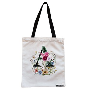 Geanta Canvas Tote pentru femei, Cu litera A in Coronita Florala, 38x34.5 cm, Alba, BEKZ®