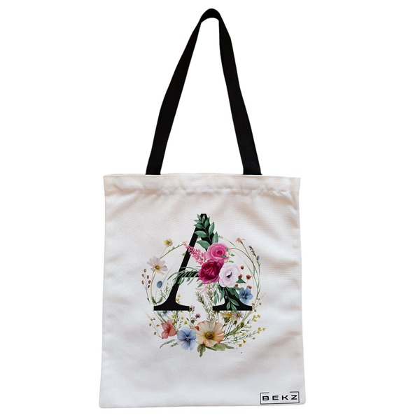 Geanta Canvas Tote pentru femei, Cu litera A in Coronita Florala, 38x34.5 cm, Alba, BEKZ® 1 Geanta Canvas Tote pentru femei Cu litera A in Coronita Florala 38x34.5 cm Alba BEKZ®