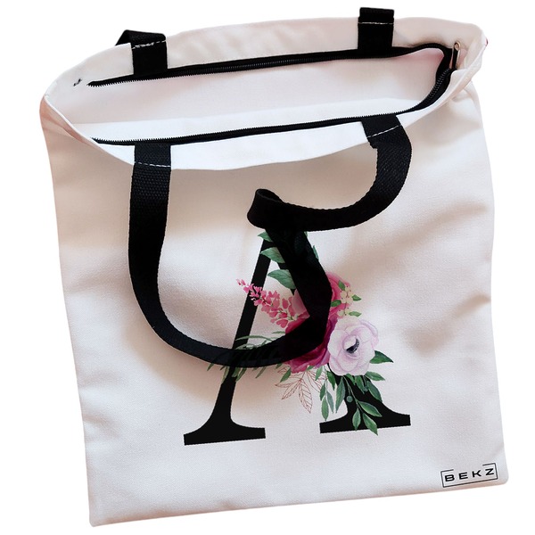 Geanta Canvas Tote pentru femei, Cu litera A si Trandafiri, 38x34.5 cm, Alba, BEKZ® 2 Geanta Canvas Tote pentru femei Cu litera A si Trandafiri 38x34.5 cm Alba BEKZ® 1