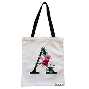 Geanta Canvas Tote pentru femei, Cu litera A si Trandafiri, 38x34.5 cm, Alba, BEKZ®