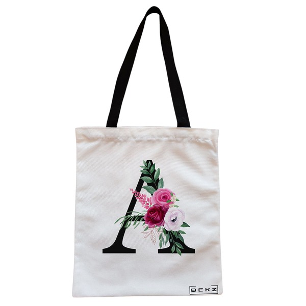 Geanta Canvas Tote pentru femei, Cu litera A si Trandafiri, 38x34.5 cm, Alba, BEKZ® 1 Geanta Canvas Tote pentru femei Cu litera A si Trandafiri 38x34.5 cm Alba BEKZ®