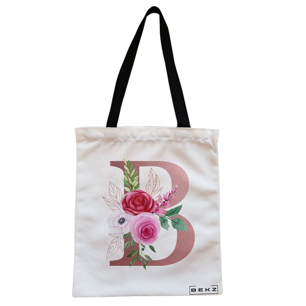 Geanta Canvas Tote pentru femei, Cu litera B Rose Gold si Trandafiri, 38x34.5 cm, Alba, BEKZ® 1 Geanta Canvas Tote pentru femei Cu litera B Rose Gold si Trandafiri 38x34.5 cm Alba BEKZ®