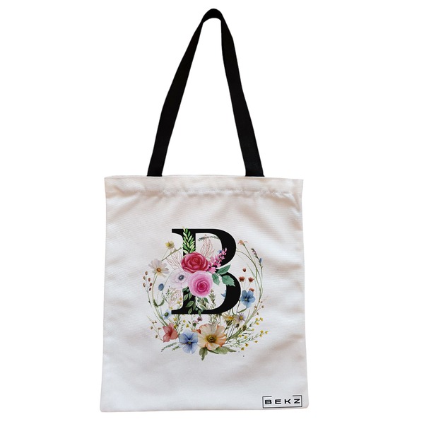 Geanta Canvas Tote pentru femei, Cu litera B in Coronita Florala, 38x34.5 cm, Alba, BEKZ® 1 Geanta Canvas Tote pentru femei Cu litera B in Coronita Florala 38x34.5 cm Alba BEKZ®