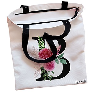 Alternative view of Geanta Canvas Tote pentru femei, Cu litera B si Trandafiri, 38x34.5 cm, Alba, BEKZ®