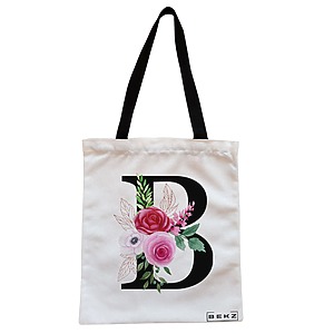 Geanta Canvas Tote pentru femei, Cu litera B si Trandafiri, 38x34.5 cm, Alba, BEKZ®