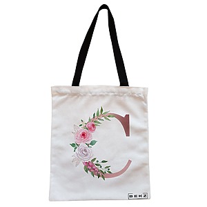 Geanta Canvas Tote pentru femei, Cu litera C Rose Gold si Trandafiri, 38x34.5 cm, Alba, BEKZ®