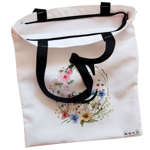 Geanta Canvas Tote pentru femei, Cu litera C in Coronita Florala, 38x34.5 cm, Alba, BEKZ® 2 Geanta Canvas Tote pentru femei Cu litera C in Coronita Florala 38x34.5 cm Alba BEKZ® 1