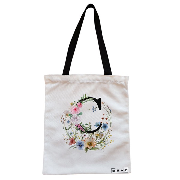 Geanta Canvas Tote pentru femei, Cu litera C in Coronita Florala, 38x34.5 cm, Alba, BEKZ® 1 Geanta Canvas Tote pentru femei Cu litera C in Coronita Florala 38x34.5 cm Alba BEKZ®