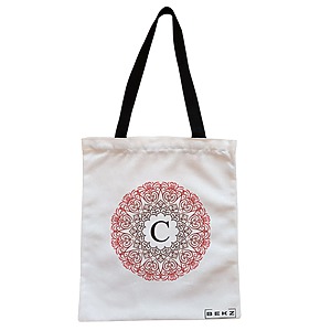 Geanta Canvas Tote pentru femei, Cu litera C si Mandala, 38x34.5 cm, Alba, BEKZ®