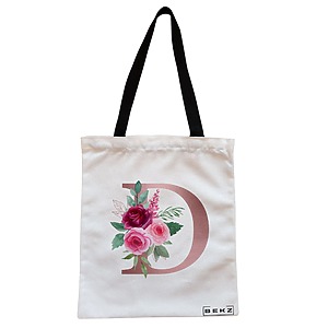 Geanta Canvas Tote pentru femei, Cu litera D Rose Gold si Trandafiri, 38x34.5 cm, Alba, BEKZ®
