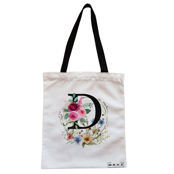Geanta Canvas Tote pentru femei, Cu litera D in Coronita Florala, 38x34.5 cm, Alba, BEKZ® 1 Geanta Canvas Tote pentru femei Cu litera D in Coronita Florala 38x34.5 cm Alba BEKZ®