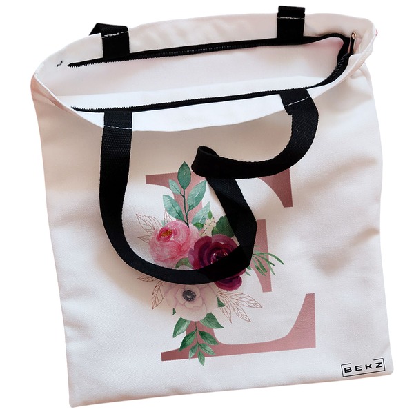 Geanta Canvas Tote pentru femei Cu litera E Rose Gold si Trandafiri 38x34.5 cm Alba BEKZ® 1