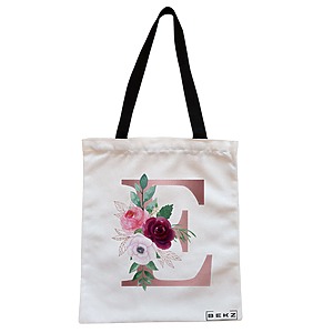 Geanta Canvas Tote pentru femei, Cu litera E Rose Gold si Trandafiri, 38x34.5 cm, Alba, BEKZ®