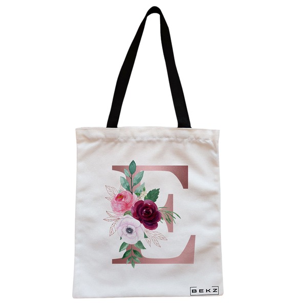 Geanta Canvas Tote pentru femei Cu litera E Rose Gold si Trandafiri 38x34.5 cm Alba BEKZ®