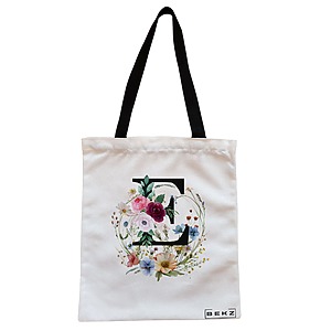 Geanta Canvas Tote pentru femei, Cu litera E in Coronita Florala, 38x34.5 cm, Alba, BEKZ®