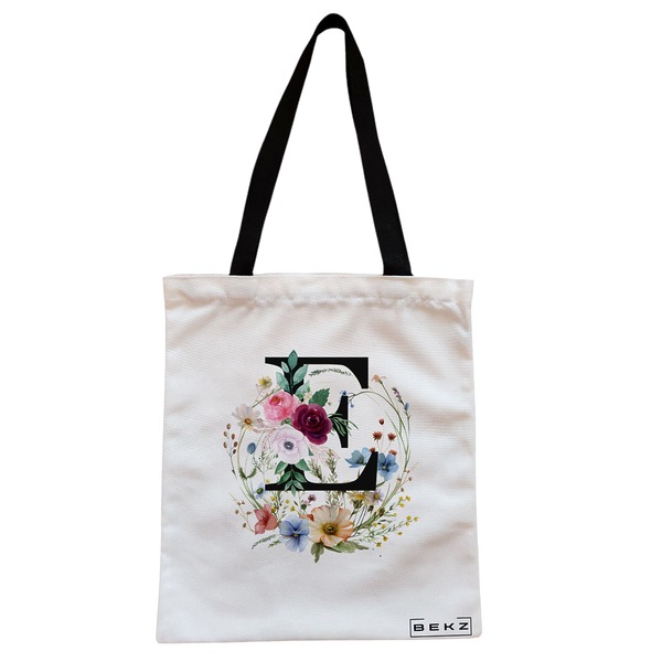 Geanta Canvas Tote pentru femei Cu litera E in Coronita Florala 38x34.5 cm Alba BEKZ®