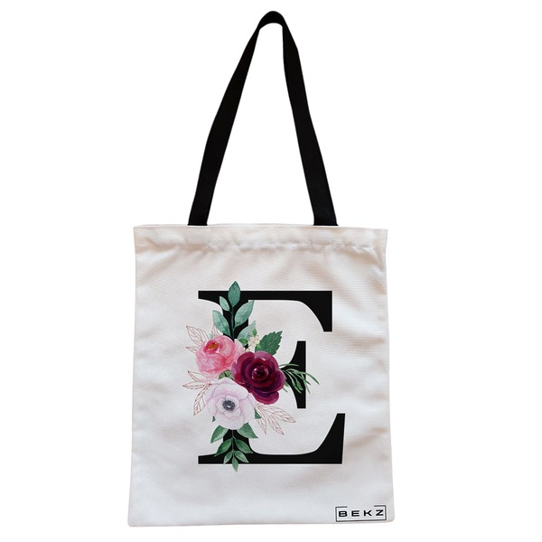 Geanta Canvas Tote pentru femei, Cu litera E si Trandafiri, 38x34.5 cm, Alba, BEKZ® 1 Geanta Canvas Tote pentru femei Cu litera E si Trandafiri 38x34.5 cm Alba BEKZ®