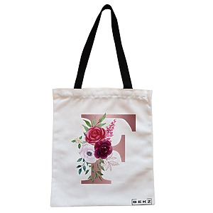 Geanta Canvas Tote pentru femei, Cu litera F Rose Gold si Trandafiri, 38x34.5 cm, Alba, BEKZ®