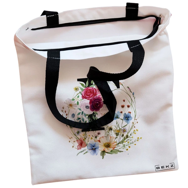 Geanta Canvas Tote pentru femei, Cu litera F in Coronita Florala, 38x34.5 cm, Alba, BEKZ® 2 Geanta Canvas Tote pentru femei Cu litera F in Coronita Florala 38x34.5 cm Alba BEKZ® 1