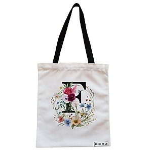 Geanta Canvas Tote pentru femei, Cu litera F in Coronita Florala, 38x34.5 cm, Alba, BEKZ®