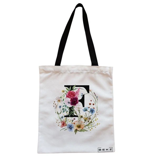Geanta Canvas Tote pentru femei, Cu litera F in Coronita Florala, 38x34.5 cm, Alba, BEKZ® 1 Geanta Canvas Tote pentru femei Cu litera F in Coronita Florala 38x34.5 cm Alba BEKZ®