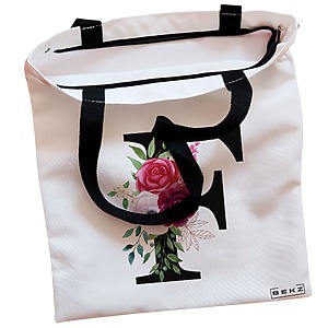 Alternative view of Geanta Canvas Tote pentru femei, Cu litera F si Trandafiri, 38x34.5 cm, Alba, BEKZ®