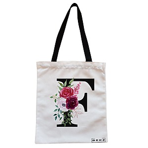 Geanta Canvas Tote pentru femei, Cu litera F si Trandafiri, 38x34.5 cm, Alba, BEKZ®