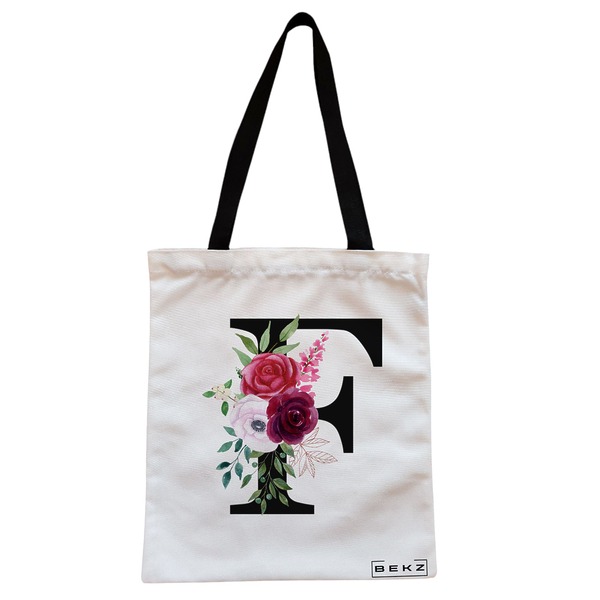 Geanta Canvas Tote pentru femei, Cu litera F si Trandafiri, 38x34.5 cm, Alba, BEKZ® 1 Geanta Canvas Tote pentru femei Cu litera F si Trandafiri 38x34.5 cm Alba BEKZ®