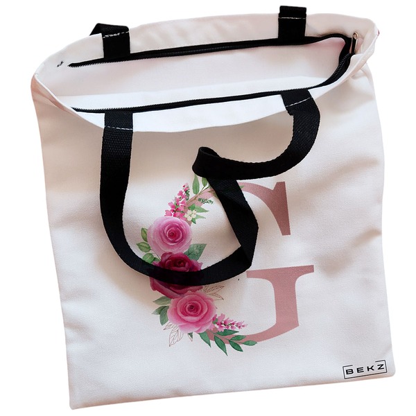 Geanta Canvas Tote pentru femei Cu litera G Rose Gold si Trandafiri 38x34.5 cm Alba BEKZ® 1