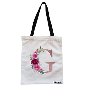 Geanta Canvas Tote pentru femei, Cu litera G Rose Gold si Trandafiri, 38x34.5 cm, Alba, BEKZ®