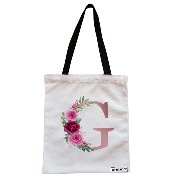 Geanta Canvas Tote pentru femei Cu litera G Rose Gold si Trandafiri 38x34.5 cm Alba BEKZ®
