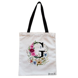 Geanta Canvas Tote pentru femei, Cu litera G in Coronita Florala, 38x34.5 cm, Alba, BEKZ®