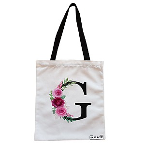 Geanta Canvas Tote pentru femei, Cu litera G si Trandafiri, 38x34.5 cm, Alba, BEKZ®