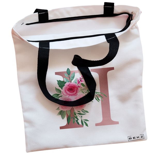 Geanta Canvas Tote pentru femei, Cu litera H Rose Gold si Trandafiri, 38x34.5 cm, Alba, BEKZ® 2 Geanta Canvas Tote pentru femei Cu litera H Rose Gold si Trandafiri 38x34.5 cm Alba BEKZ® 1
