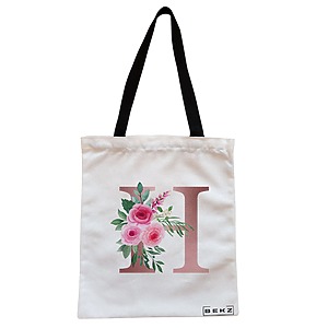 Geanta Canvas Tote pentru femei, Cu litera H Rose Gold si Trandafiri, 38x34.5 cm, Alba, BEKZ®