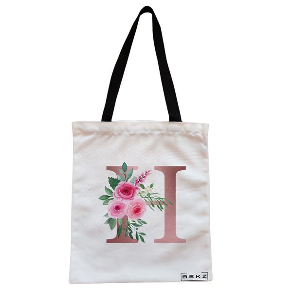 Geanta Canvas Tote pentru femei, Cu litera H Rose Gold si Trandafiri, 38x34.5 cm, Alba, BEKZ® 1 Geanta Canvas Tote pentru femei Cu litera H Rose Gold si Trandafiri 38x34.5 cm Alba BEKZ®
