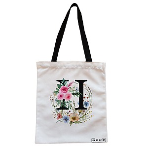 Geanta Canvas Tote pentru femei, Cu litera H in Coronita Florala, 38x34.5 cm, Alba, BEKZ®