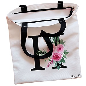 Alternative view of Geanta Canvas Tote pentru femei, Cu litera H si Trandafiri, 38x34.5 cm, Alba, BEKZ®