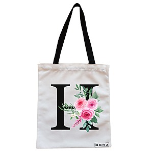 Geanta Canvas Tote pentru femei, Cu litera H si Trandafiri, 38x34.5 cm, Alba, BEKZ®