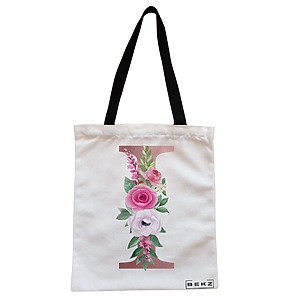 Geanta Canvas Tote pentru femei, Cu litera I Rose Gold si Trandafiri, 38x34.5 cm, Alba, BEKZ®
