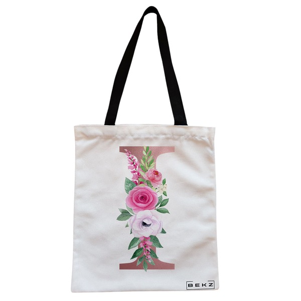 Geanta Canvas Tote pentru femei, Cu litera I Rose Gold si Trandafiri, 38x34.5 cm, Alba, BEKZ® 1 Geanta Canvas Tote pentru femei Cu litera I Rose Gold si Trandafiri 38x34.5 cm Alba BEKZ®