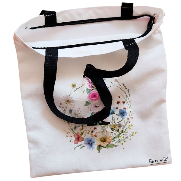 Geanta Canvas Tote pentru femei, Cu litera I in Coronita Florala, 38x34.5 cm, Alba, BEKZ® 2 Geanta Canvas Tote pentru femei Cu litera I in Coronita Florala 38x34.5 cm Alba BEKZ® 1