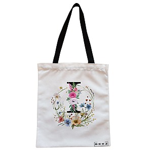Geanta Canvas Tote pentru femei, Cu litera I in Coronita Florala, 38x34.5 cm, Alba, BEKZ®