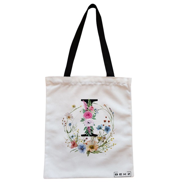 Geanta Canvas Tote pentru femei, Cu litera I in Coronita Florala, 38x34.5 cm, Alba, BEKZ® 1 Geanta Canvas Tote pentru femei Cu litera I in Coronita Florala 38x34.5 cm Alba BEKZ®