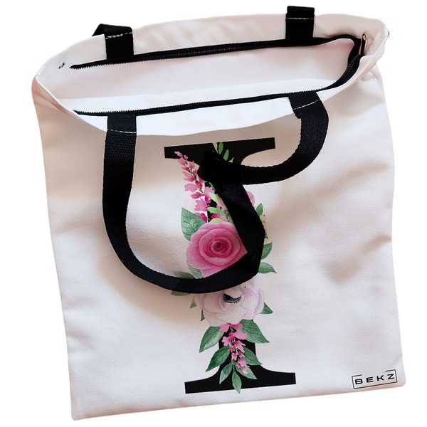 Geanta Canvas Tote pentru femei, Cu litera I si Trandafiri, 38x34.5 cm, Alba, BEKZ® 2 Geanta Canvas Tote pentru femei Cu litera I si Trandafiri 38x34.5 cm Alba BEKZ® 1